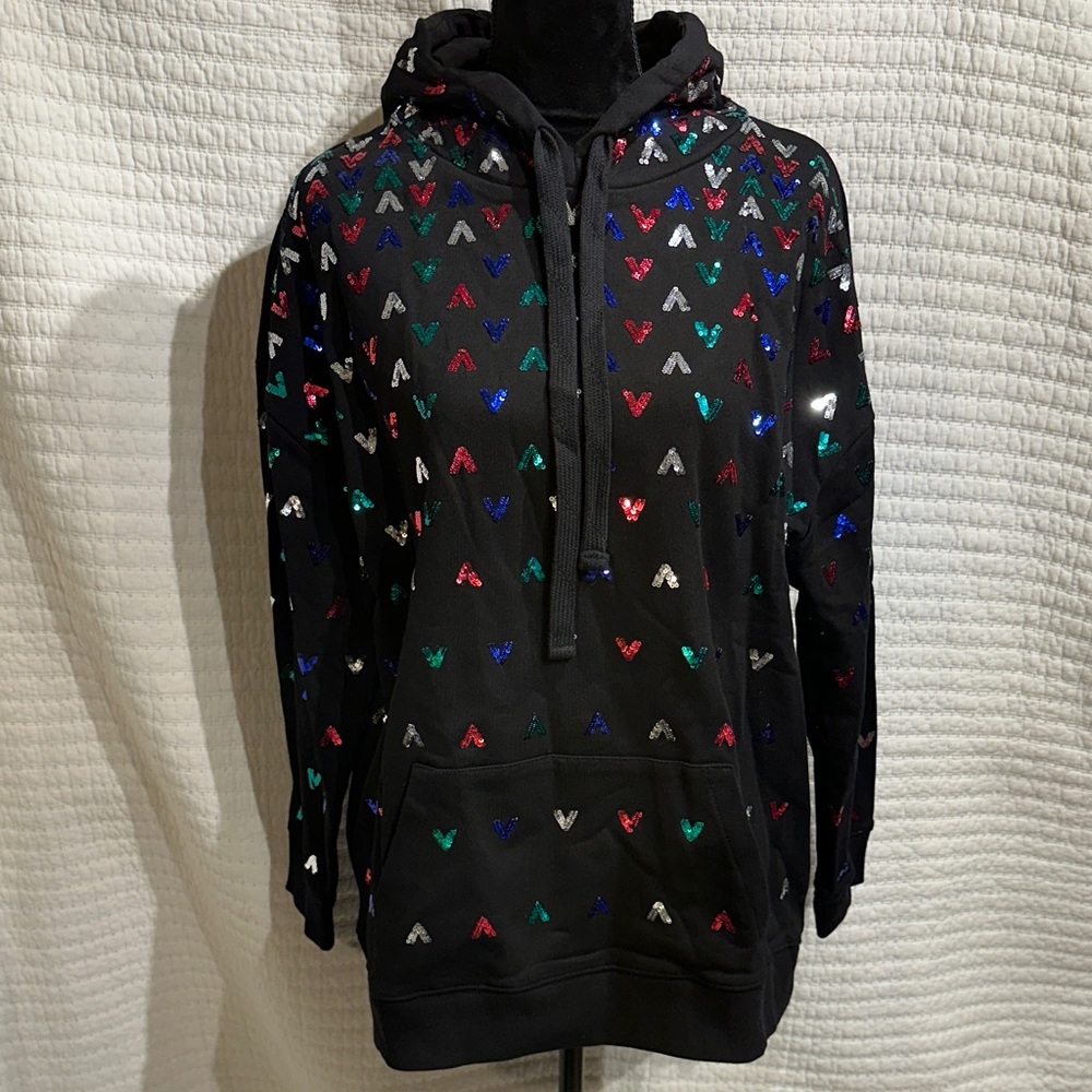 Bucket List Multicolor Heart Sequins Detail Casual Pullover Black Hoodie